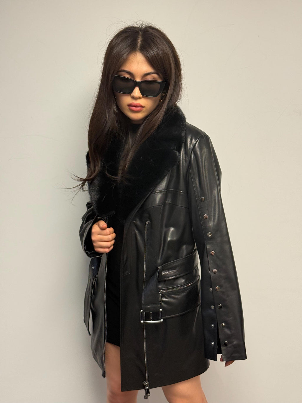 Luxury Black Leather Coat with Mink Fur Collar | Handmade Genuine Leather Jacket | Designer Trench with Snap Sleeves & Belt - Gift For Her