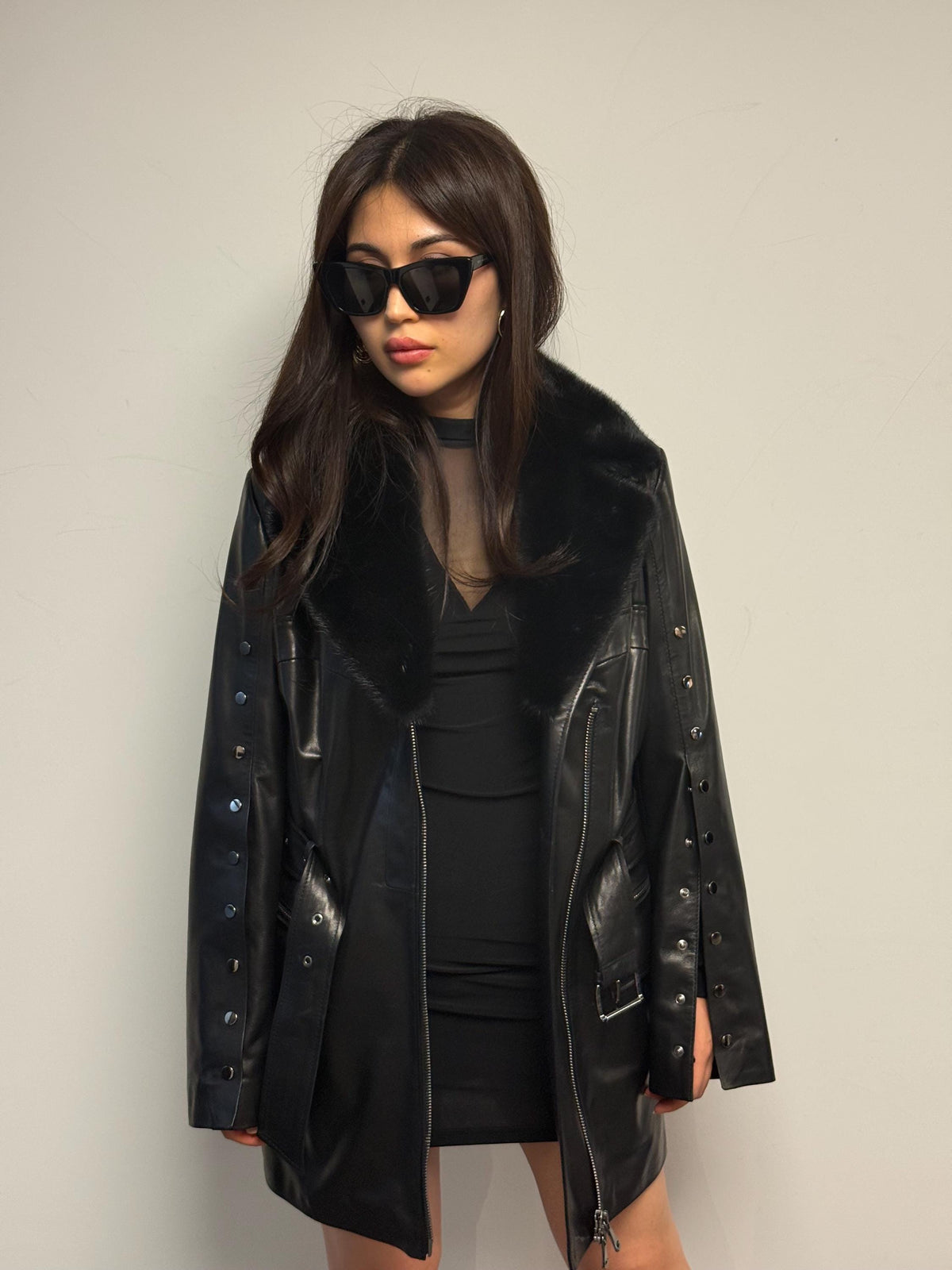 Luxury Black Leather Coat with Mink Fur Collar | Handmade Genuine Leather Jacket | Designer Trench with Snap Sleeves & Belt - Gift For Her