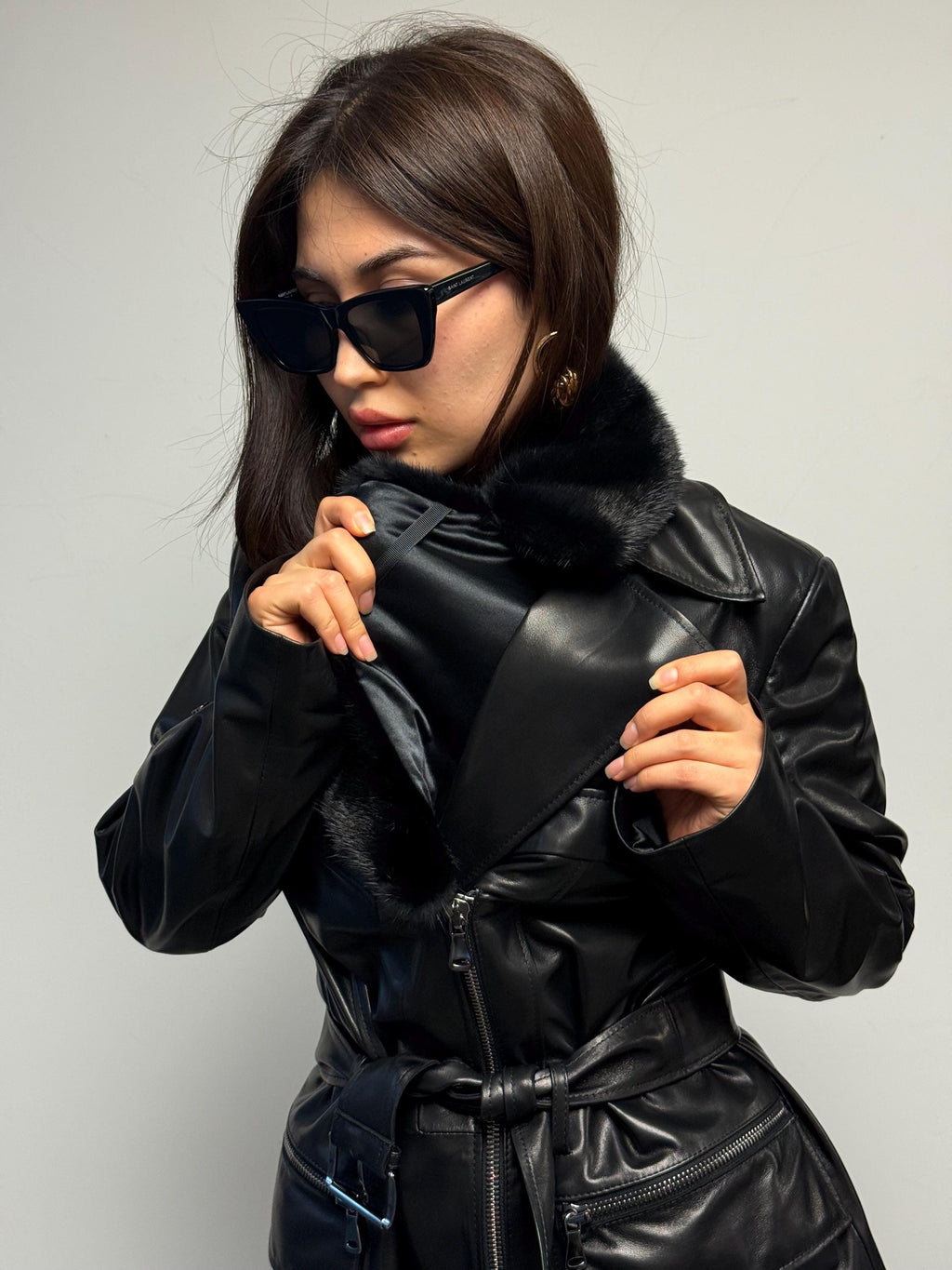 Luxury Black Leather Coat with Mink Fur Collar | Handmade Genuine Leather Jacket | Designer Trench with Snap Sleeves & Belt - Gift For Her