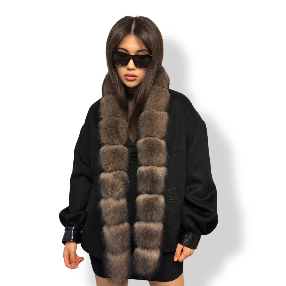 Black Zibellino Alpaca Jacket, Women’s Handmade Short Virgin Wool & Front Fox Fur Coat