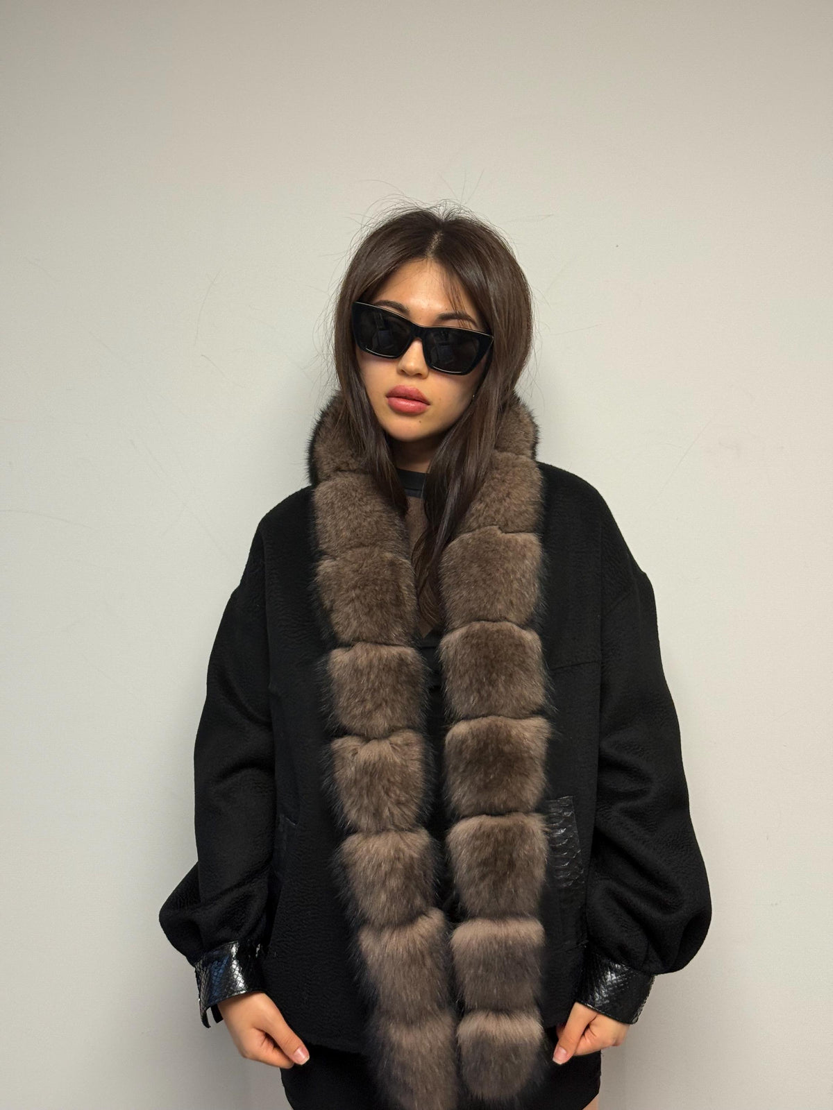 Black Zibellino Alpaca Jacket, Women’s Handmade Short Virgin Wool & Front Fox Fur Coat