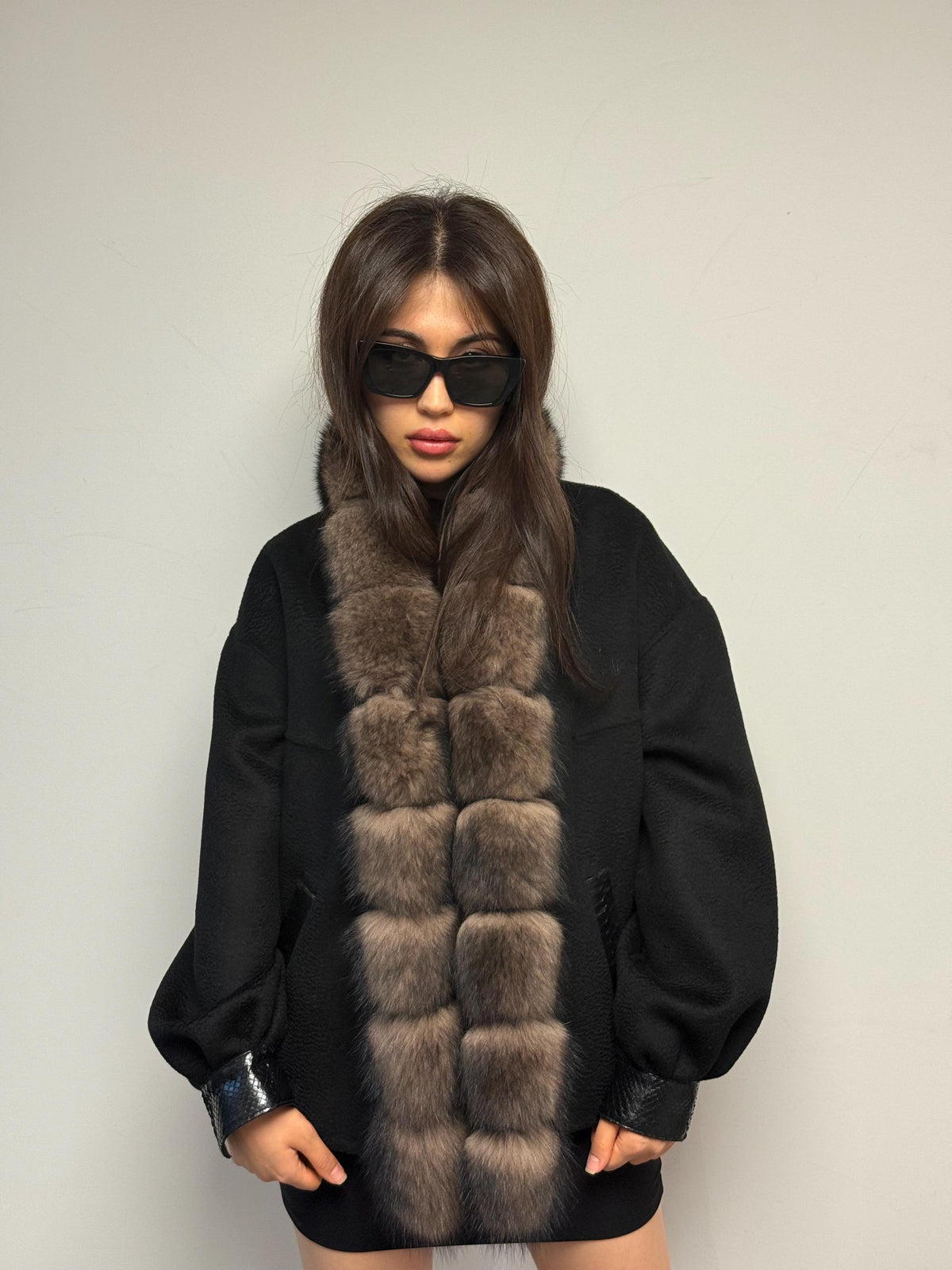 Black Zibellino Alpaca Jacket, Women’s Handmade Short Virgin Wool & Front Fox Fur Coat