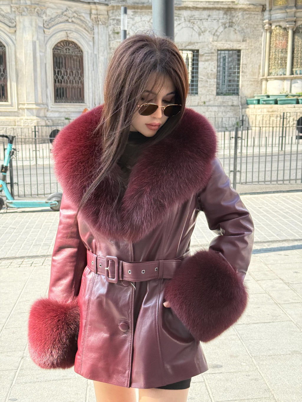 Women’s Burgundy Leather Jacket, Handmade Collar & Cuffs Fox Fur Coat