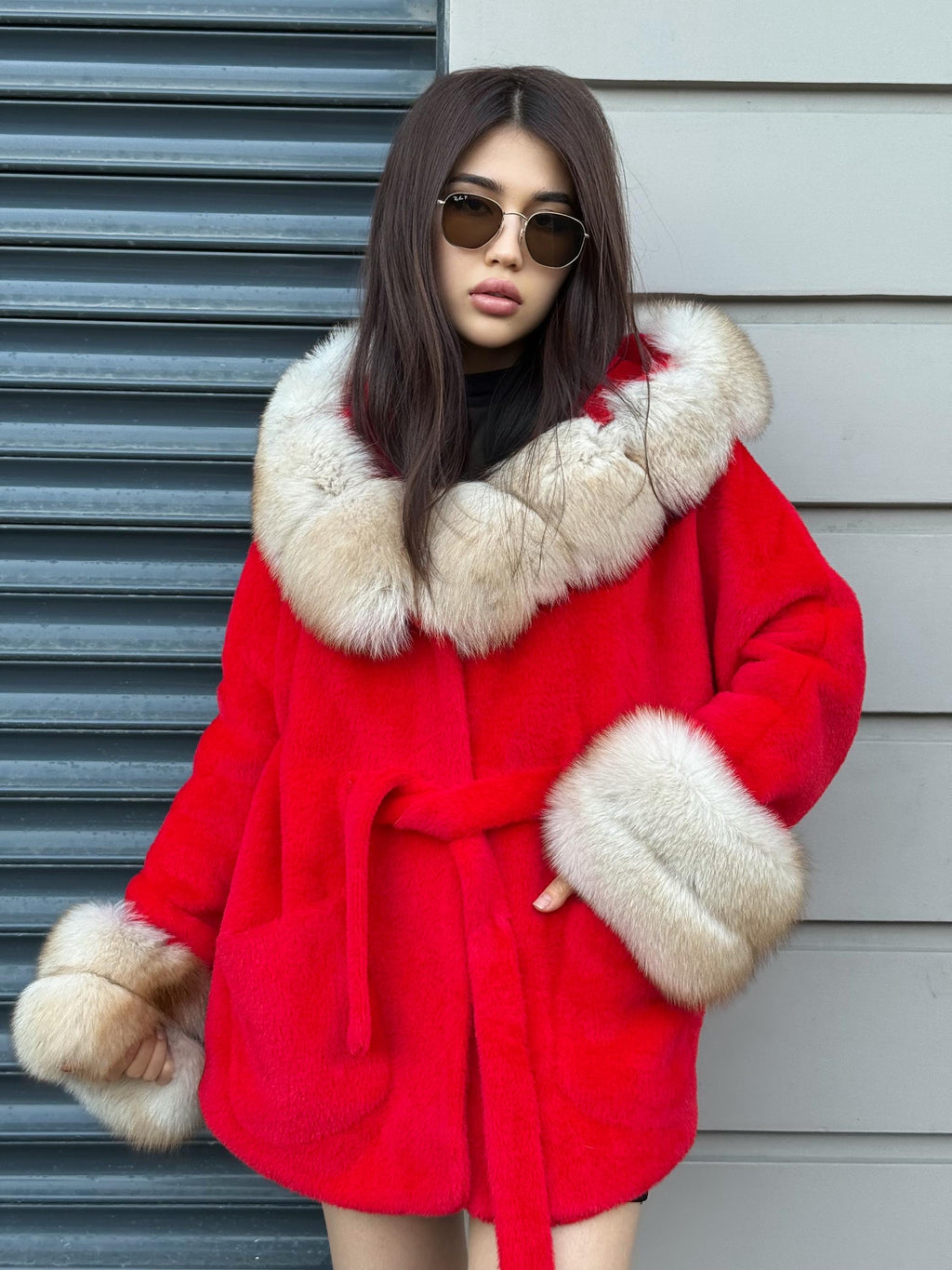 Luxury Red Alcantara Cape Coat with Fox Fur Hood & Cuffs | Women’s Winter Fox Fur Jacket