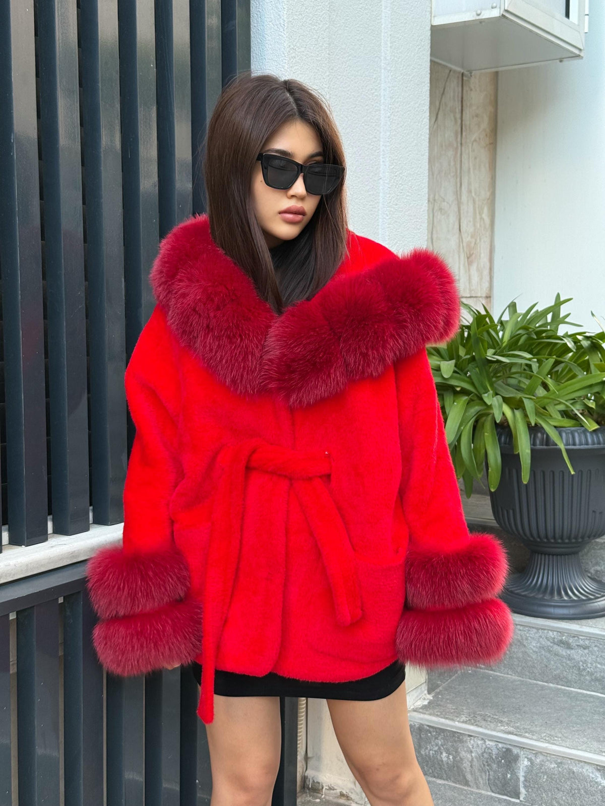 Luxury Red Alcantara Cape Coat with Fox Fur Hood & Cuffs | Women’s Winter Fox Fur Jacket