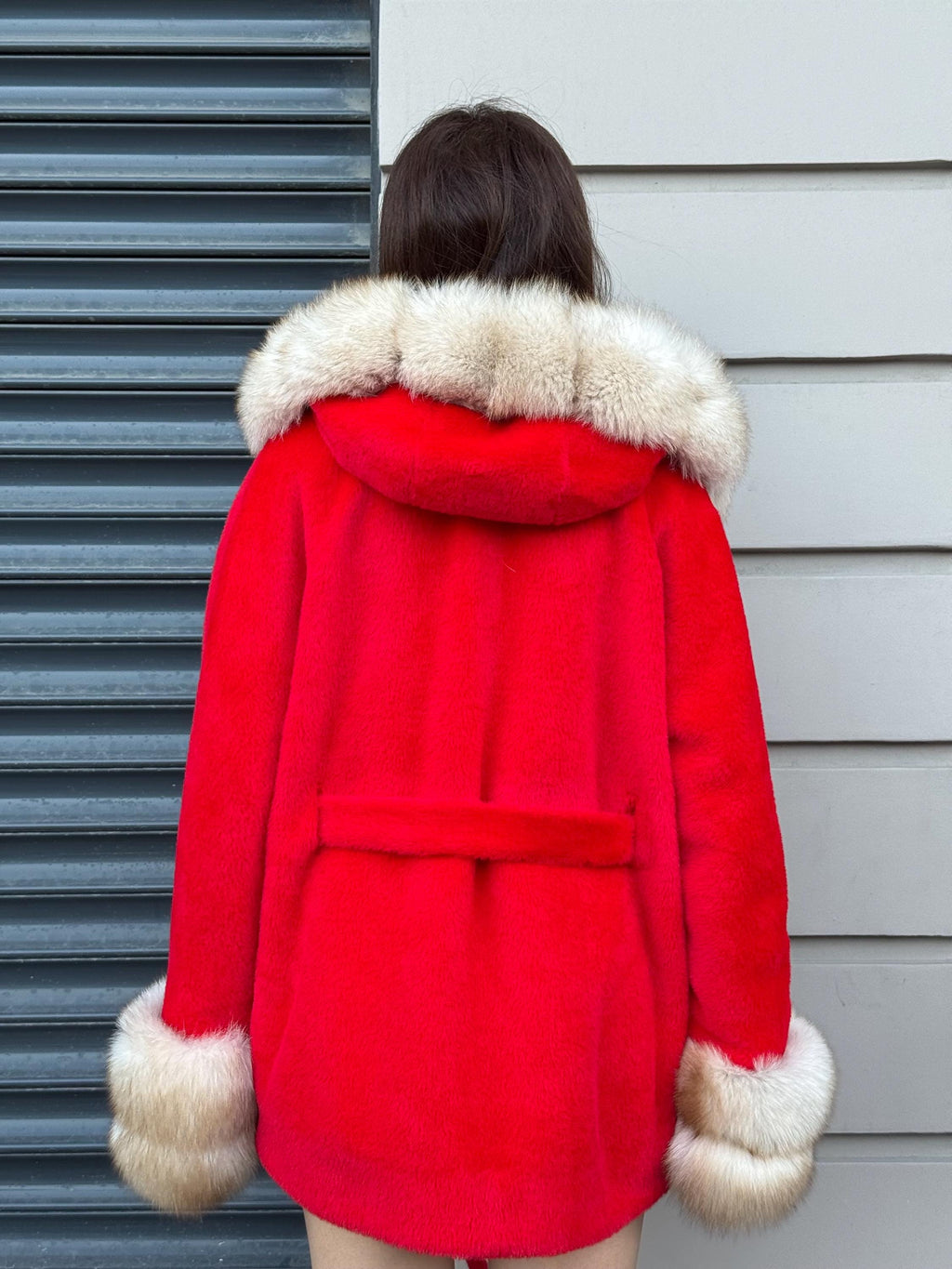Luxury Red Alcantara Cape Coat with Fox Fur Hood & Cuffs | Women’s Winter Fox Fur Jacket