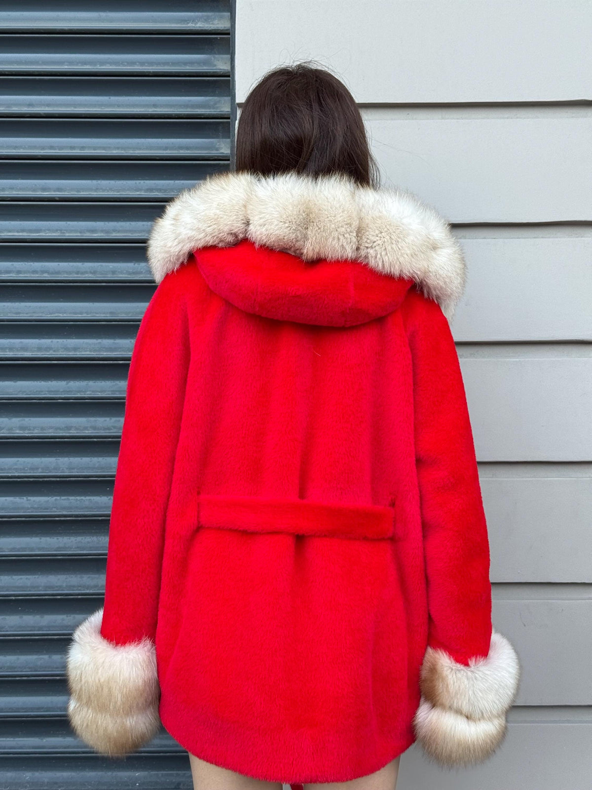 Luxury Red Alcantara Cape Coat with Fox Fur Hood & Cuffs | Women’s Winter Fox Fur Jacket