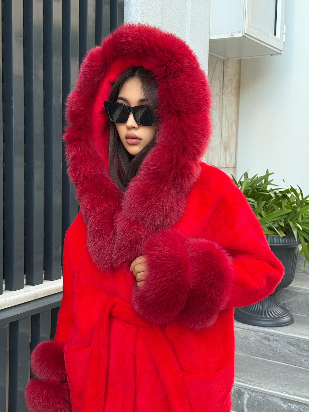 Luxury Red Alcantara Cape Coat with Fox Fur Hood & Cuffs | Women’s Winter Fox Fur Jacket