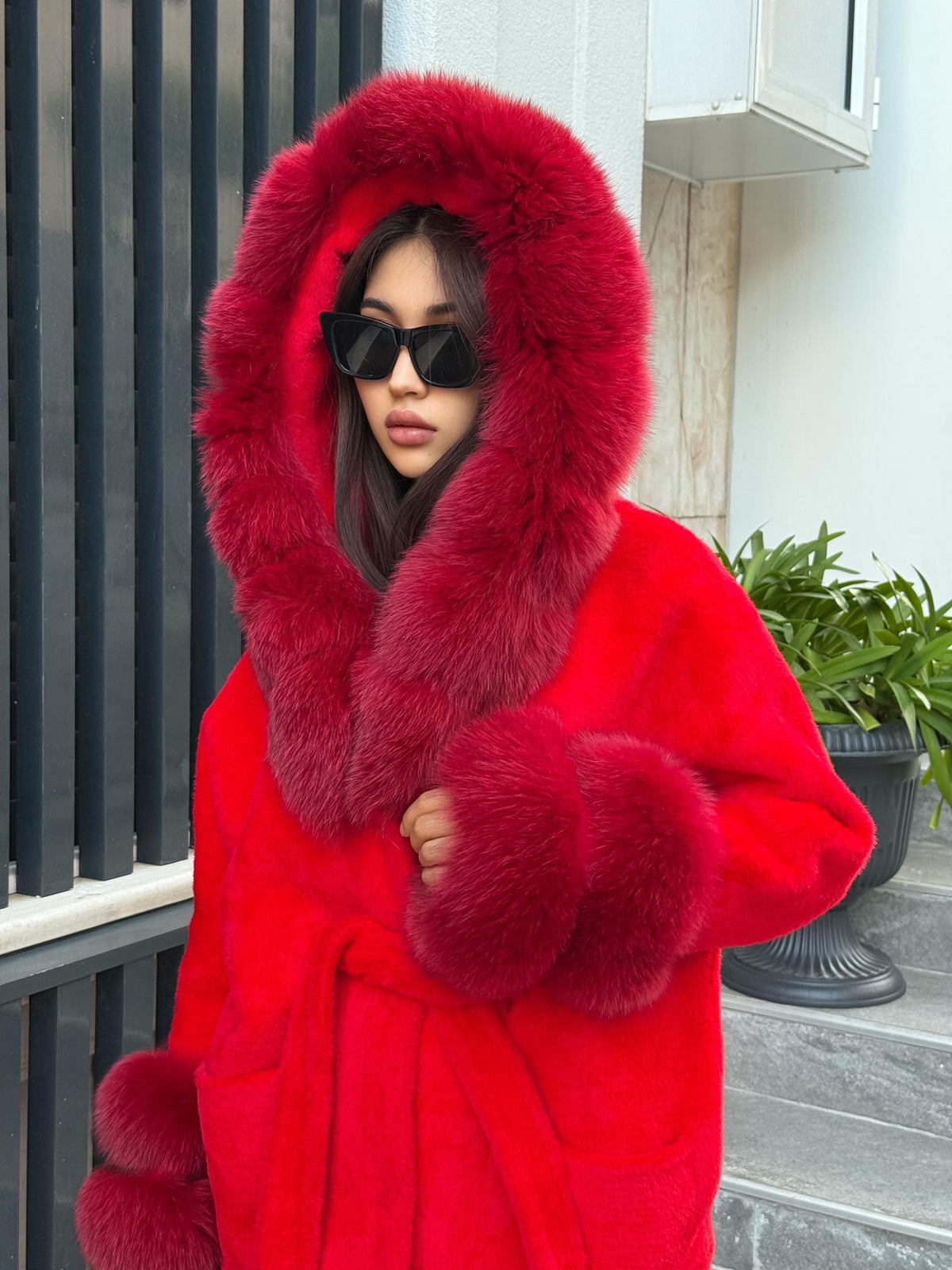 Luxury Red Alcantara Cape Coat with Fox Fur Hood & Cuffs | Women’s Winter Fox Fur Jacket