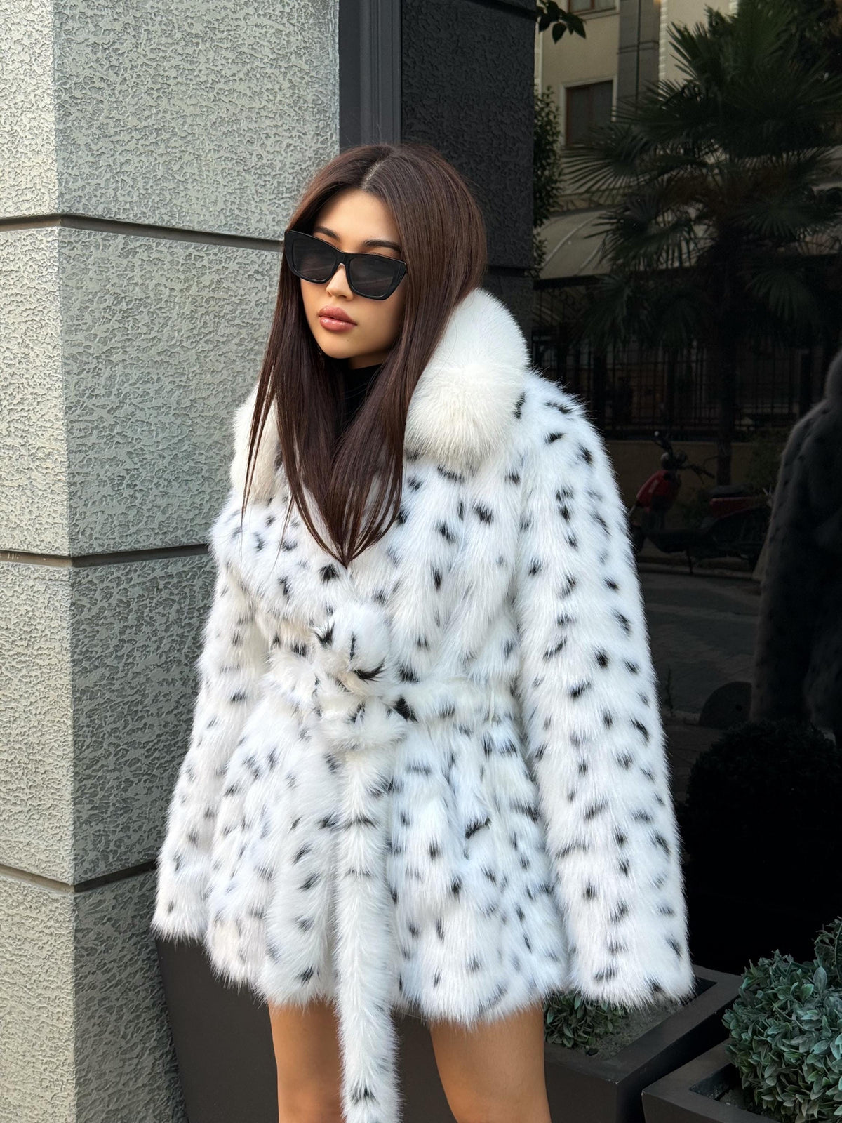 Handmade Leopard Print Faux Fur Coat: Real Fox Fur Collar, Belted Winter Jacket