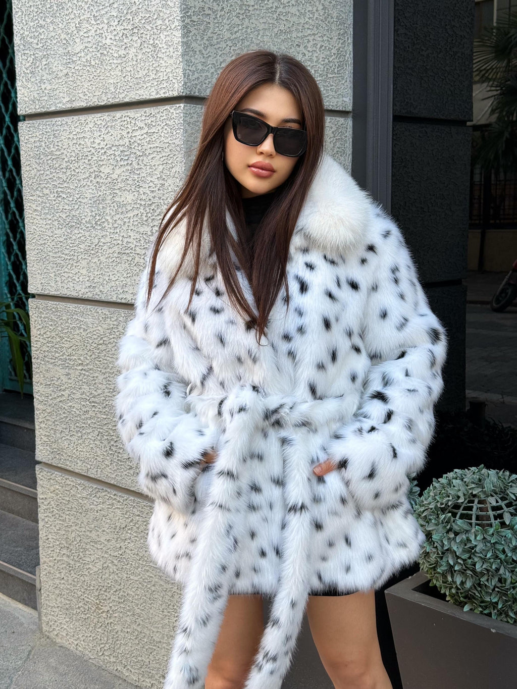 Handmade Leopard Print Faux Fur Coat: Real Fox Fur Collar, Belted Winter Jacket