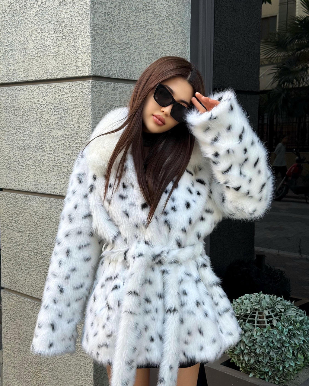 Handmade Leopard Print Faux Fur Coat: Real Fox Fur Collar, Belted Winter Jacket