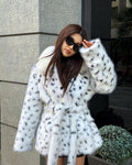 Handmade Leopard Print Faux Fur Coat: Real Fox Fur Collar, Belted Winter Jacket