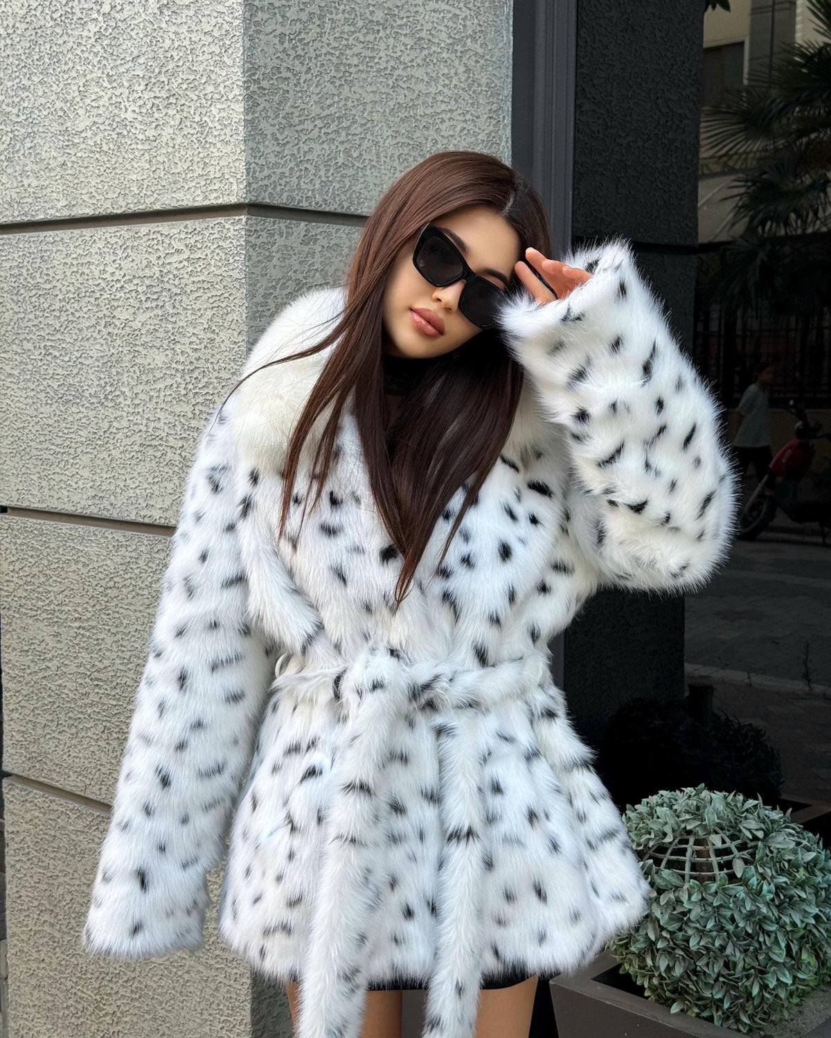 Handmade Leopard Print Faux Fur Coat: Real Fox Fur Collar, Belted Winter Jacket
