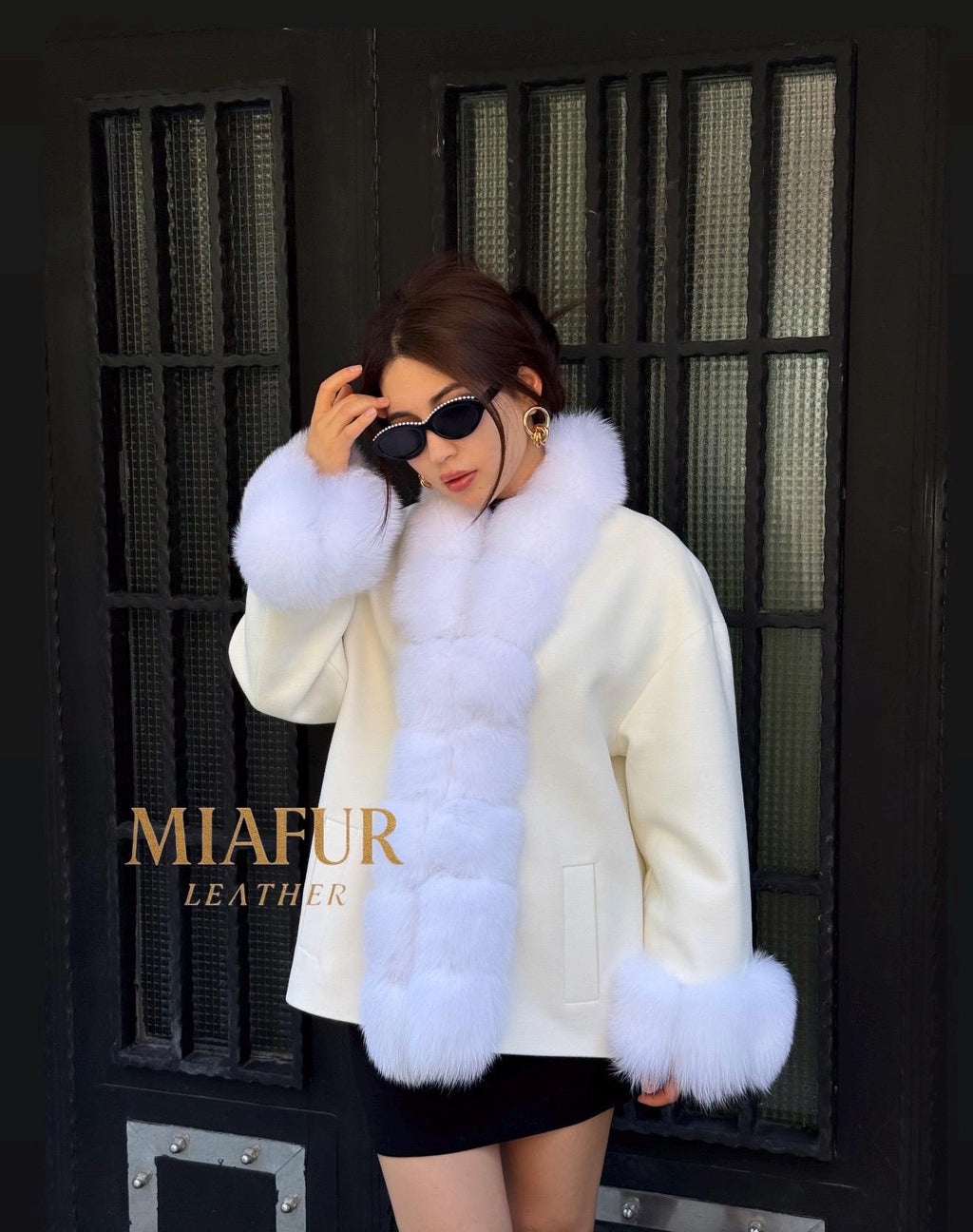 White Fur Trim Cashmere Jacket, Women’s Handmade Short Wool & Fox Fur Coat