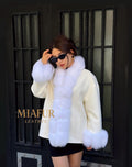 White Fur Trim Cashmere Jacket, Women’s Handmade Short Wool & Fox Fur Coat