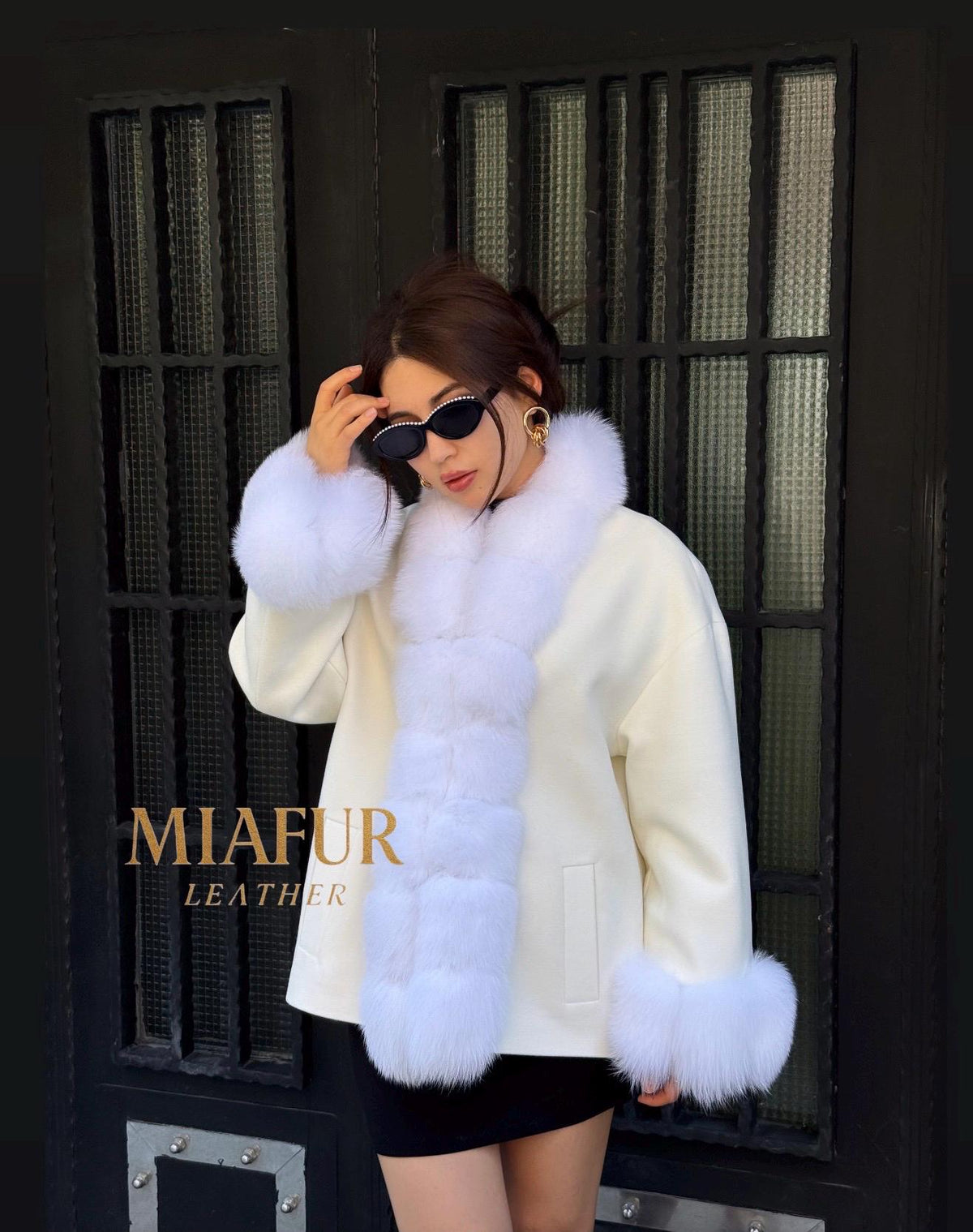 White Fur Trim Cashmere Jacket, Women’s Handmade Short Wool & Fox Fur Coat