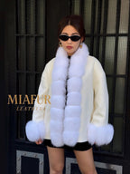 White Fur Trim Cashmere Jacket, Women’s Handmade Short Wool & Fox Fur Coat