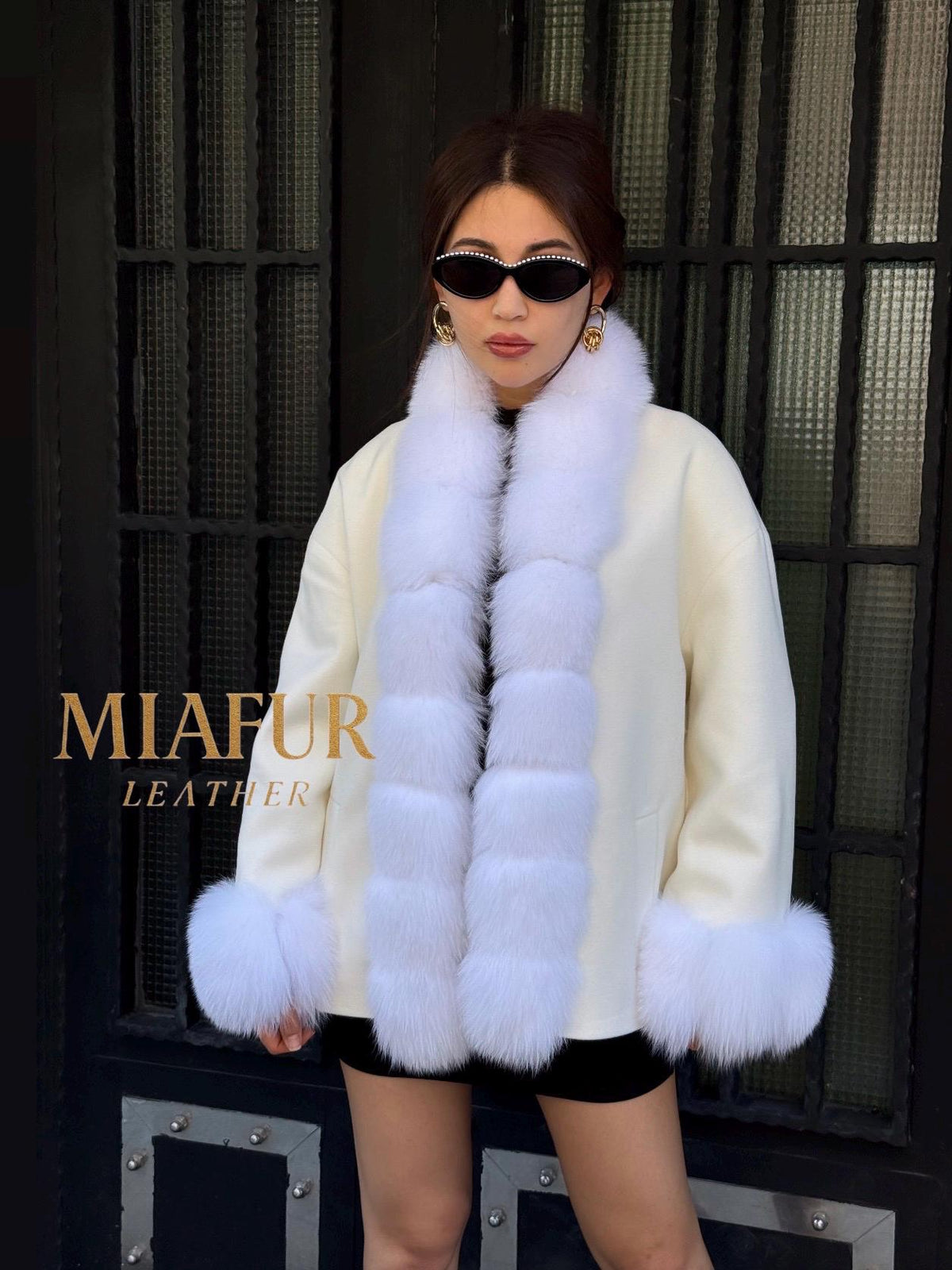 White Fur Trim Cashmere Jacket, Women’s Handmade Short Wool & Fox Fur Coat