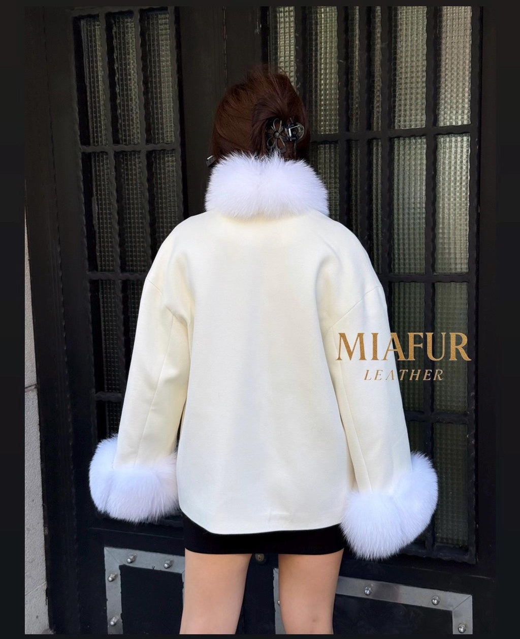 White Fur Trim Cashmere Jacket, Women’s Handmade Short Wool & Fox Fur Coat