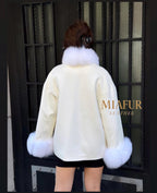 White Fur Trim Cashmere Jacket, Women’s Handmade Short Wool & Fox Fur Coat