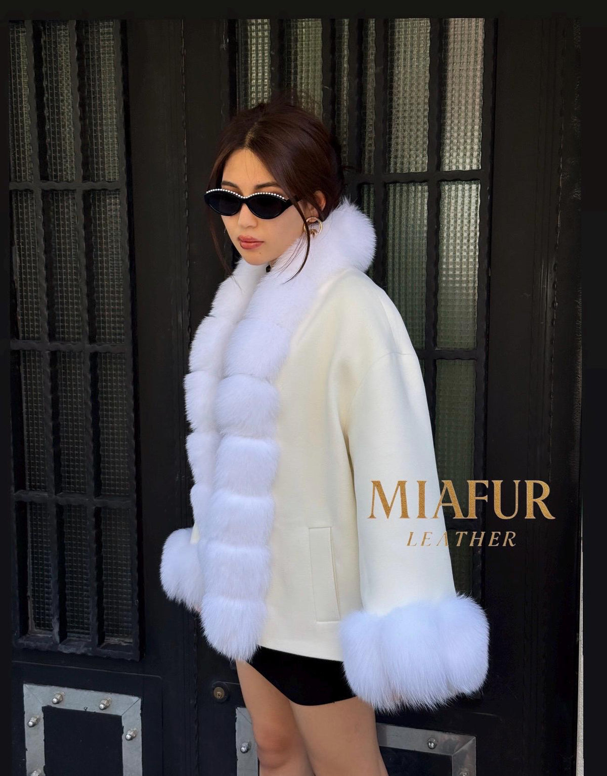 White Fur Trim Cashmere Jacket, Women’s Handmade Short Wool & Fox Fur Coat