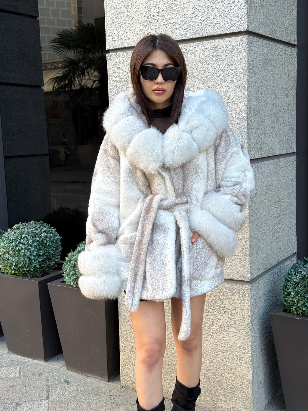 White Faux Mink Fur Cape, Hood&Cuffs Fox Fur Jacket, Women Fox Fur Jacket