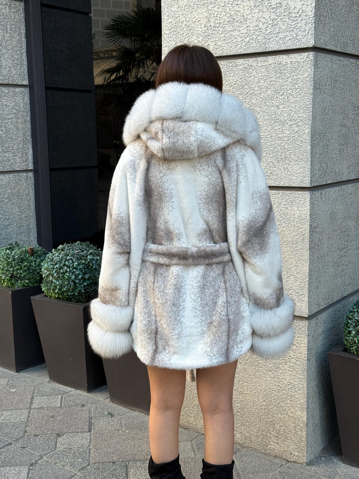White Faux Mink Fur Cape, Hood&Cuffs Fox Fur Jacket, Women Fox Fur Jacket