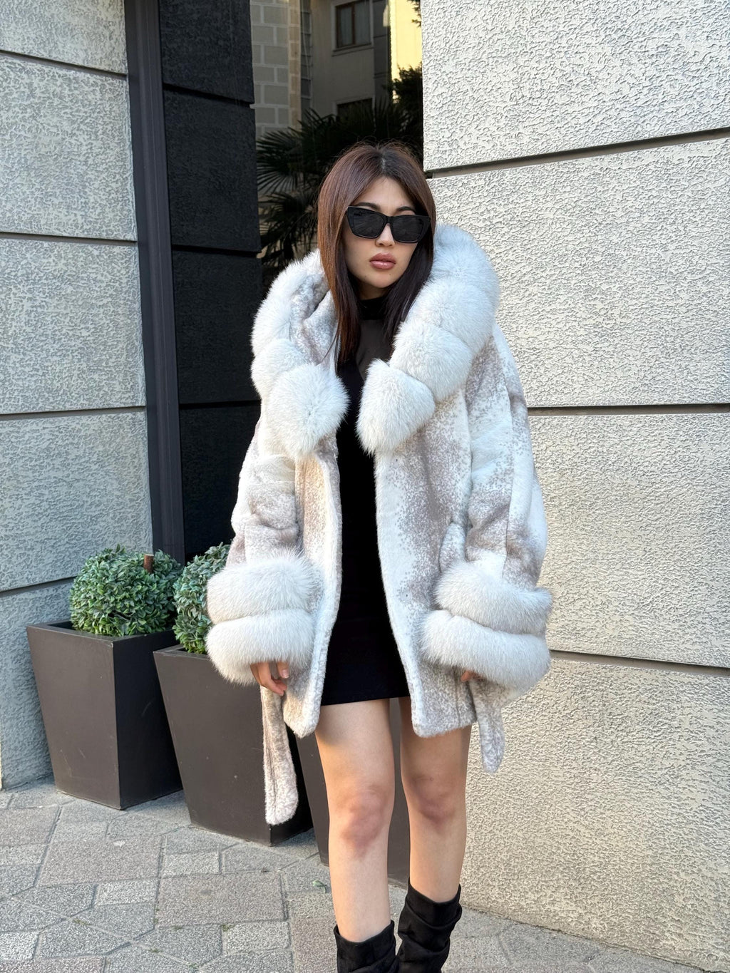 White Faux Mink Fur Cape, Hood&Cuffs Fox Fur Jacket, Women Fox Fur Jacket
