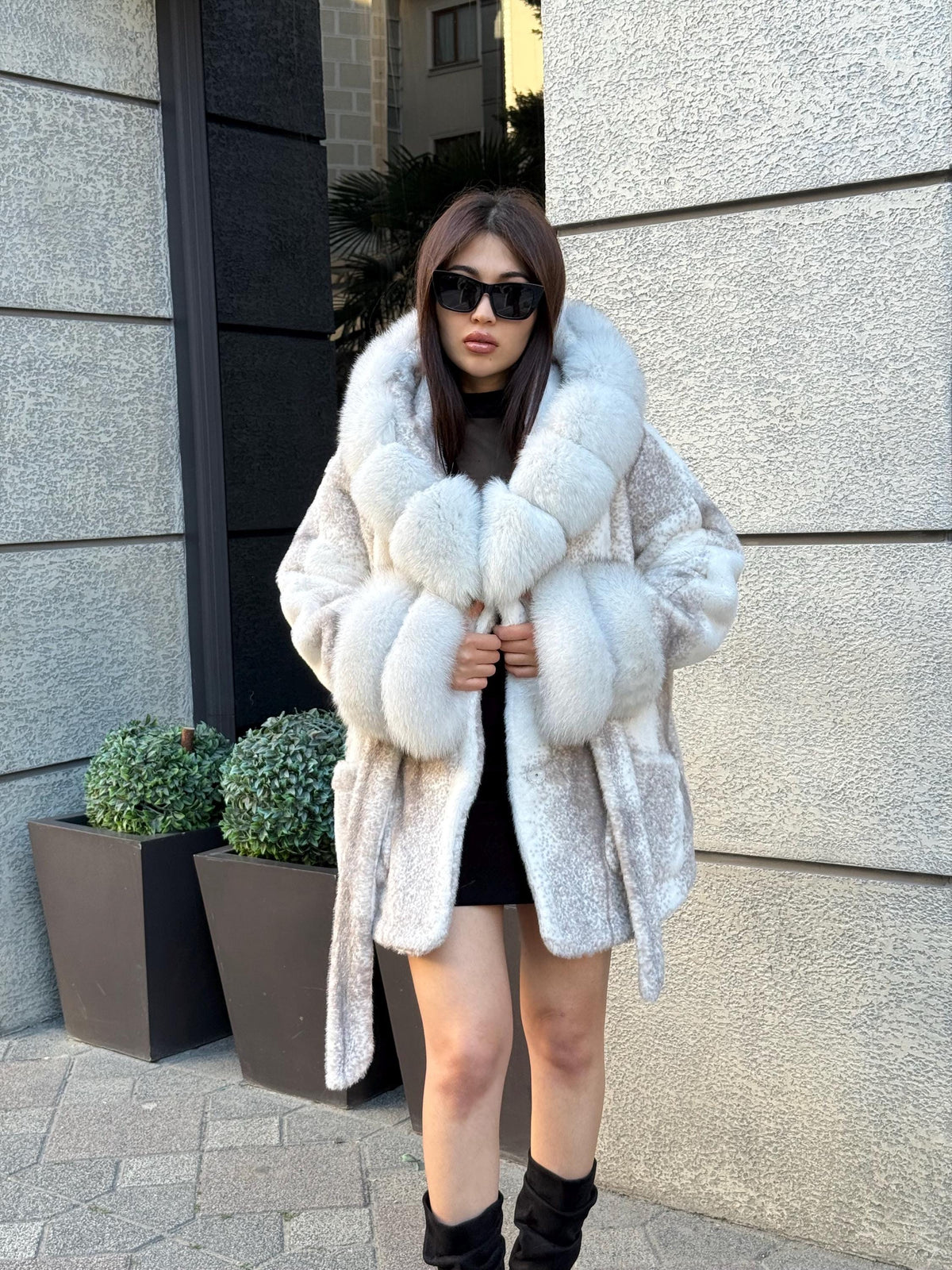 White Faux Mink Fur Cape, Hood&Cuffs Fox Fur Jacket, Women Fox Fur Jacket