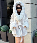 White Faux Mink Fur Cape, Hood&Cuffs Fox Fur Jacket, Women Fox Fur Jacket