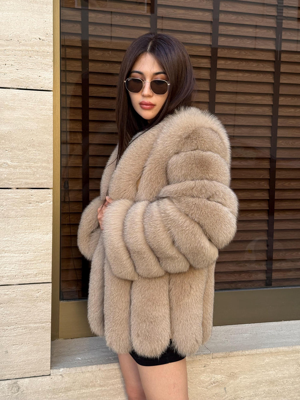 Camel Fox Fur Jacket, Short Handmade Fox Fur Coat, Women Fox Fur Jacket, Vertical Fox Fur Coat