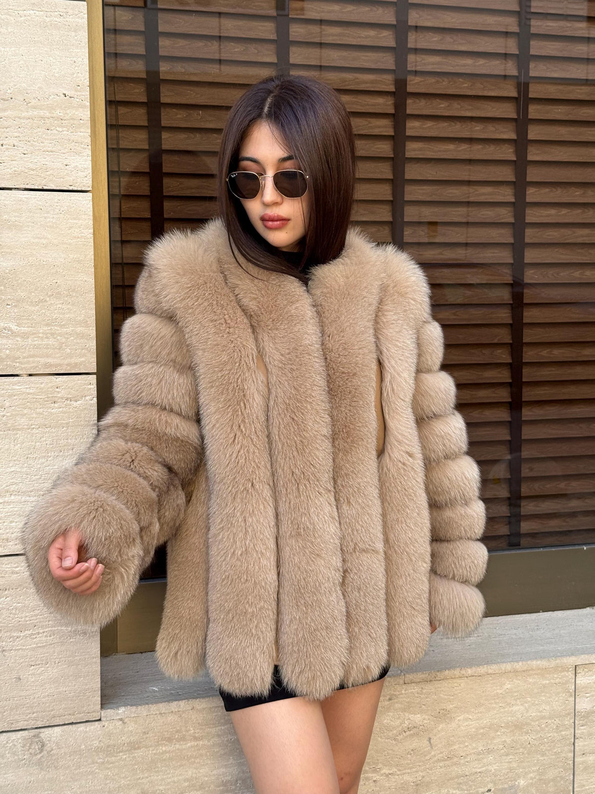 Camel Fox Fur Jacket, Short Handmade Fox Fur Coat, Women Fox Fur Jacket, Vertical Fox Fur Coat