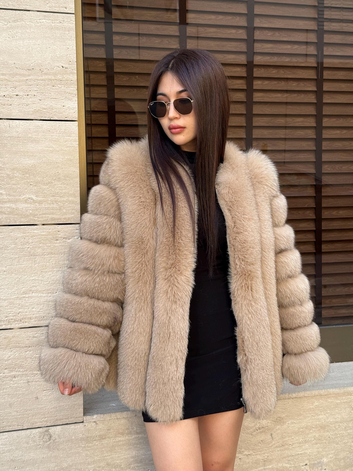 Camel Fox Fur Jacket, Short Handmade Fox Fur Coat, Women Fox Fur Jacket, Vertical Fox Fur Coat