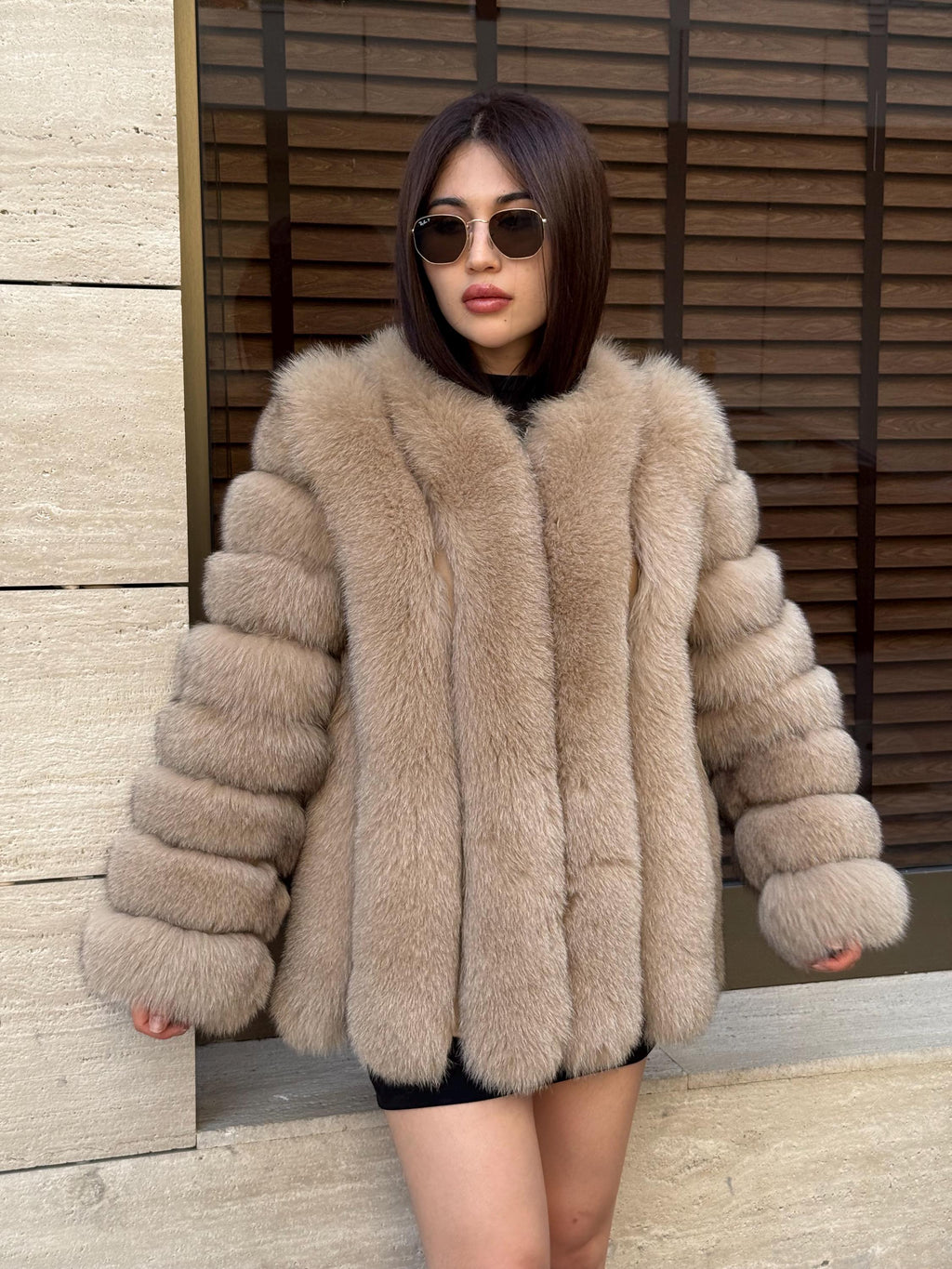 Camel Fox Fur Jacket, Short Handmade Fox Fur Coat, Women Fox Fur Jacket, Vertical Fox Fur Coat