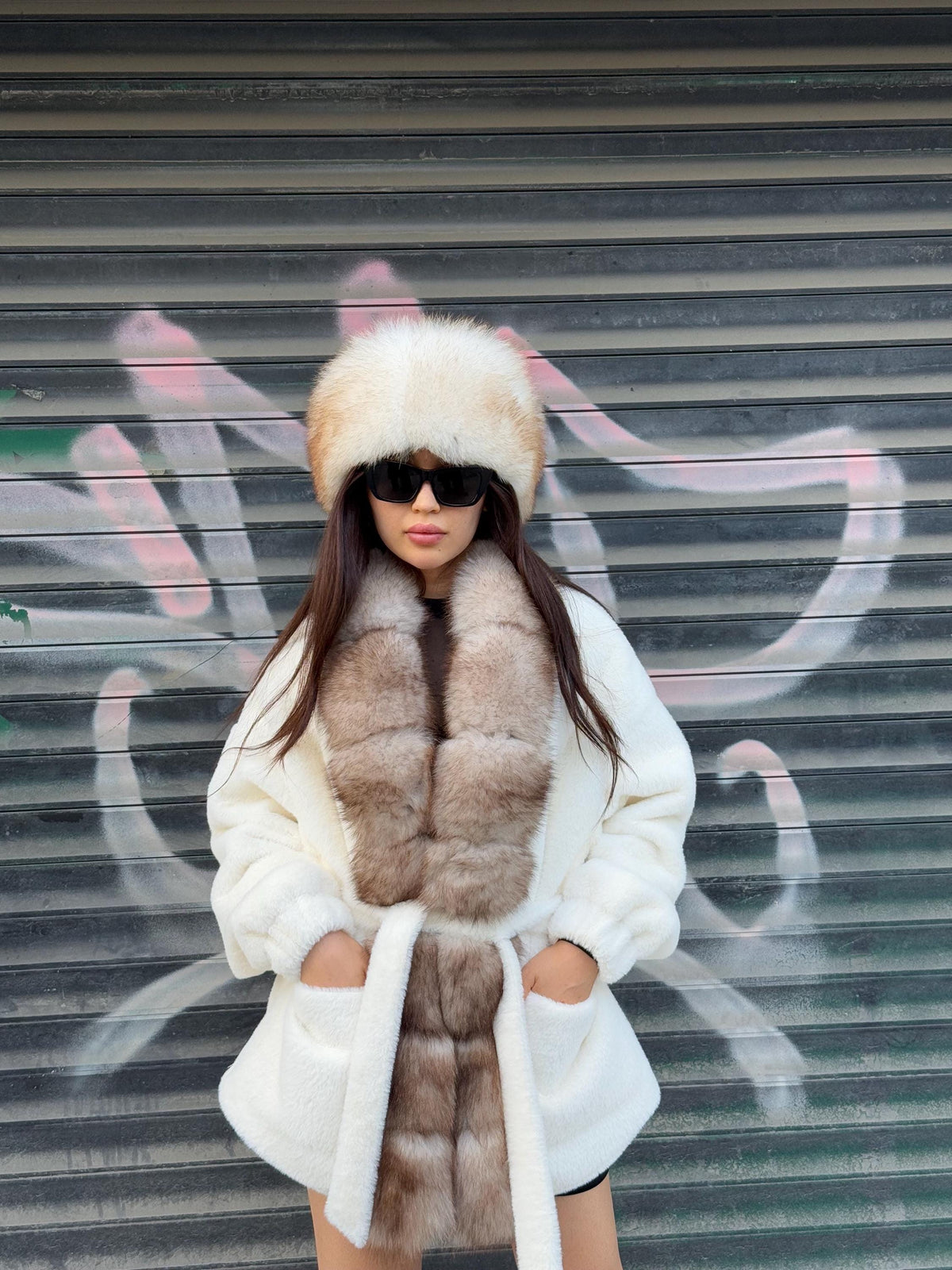 White Short Alcantara Coat, Front Fox Fur Jacket, Short Fox Fur Coat, Women Fox Fur Jacket..- Fox Fur