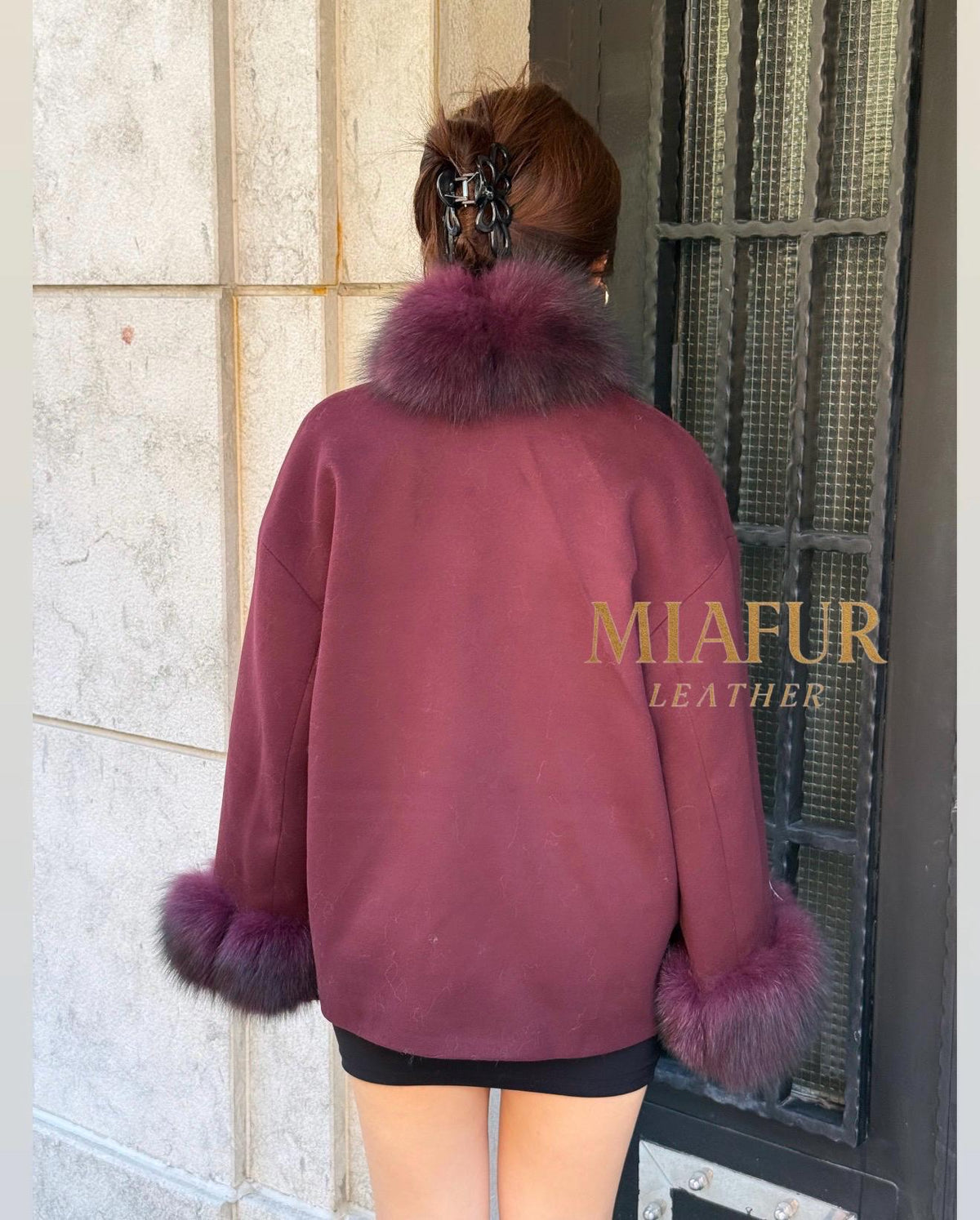 Burgundy Cashmere Black Short Jacket . Front & Cuffs Fox Fur Jacket