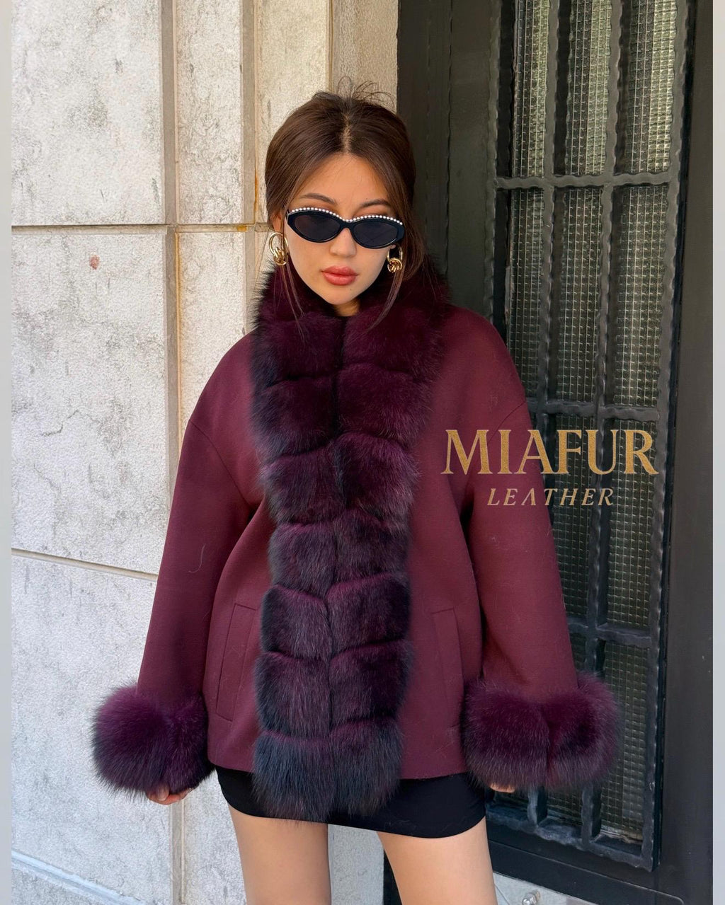 Burgundy Cashmere Black Short Jacket . Front & Cuffs Fox Fur Jacket