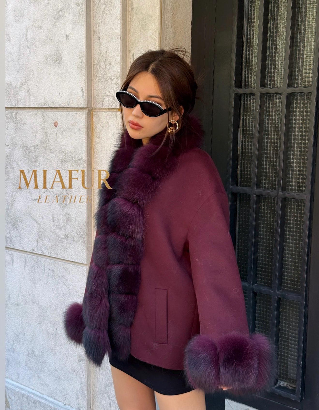 Burgundy Cashmere Black Short Jacket . Front & Cuffs Fox Fur Jacket