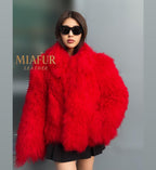 Women’s Red Tibetan Fur Coat, Handmade Shaggy Mongolian Lamb Fur Jacket