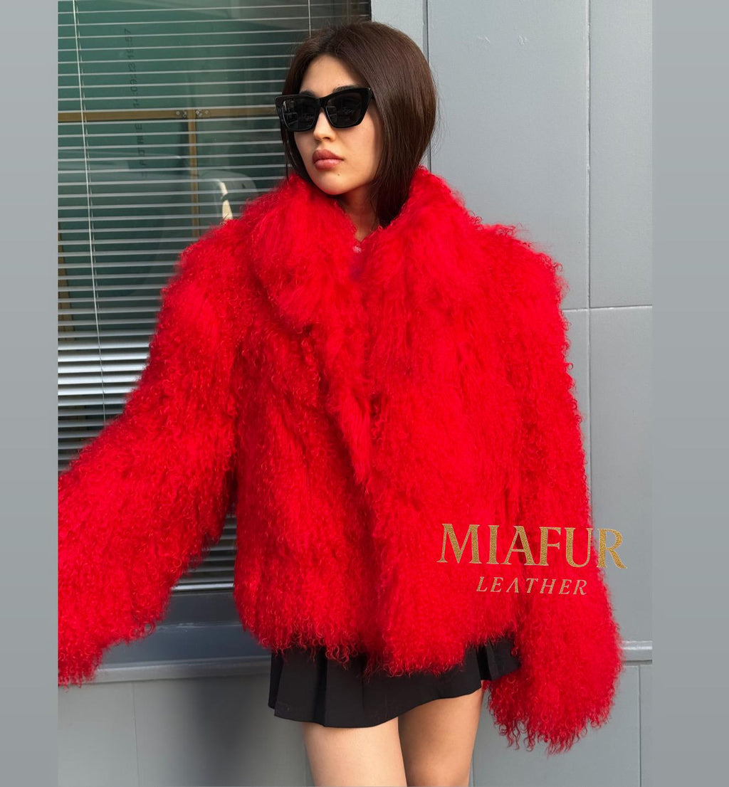 Women’s Red Tibetan Fur Coat, Handmade Shaggy Mongolian Lamb Fur Jacket