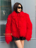 Women’s Red Tibetan Fur Coat, Handmade Shaggy Mongolian Lamb Fur Jacket