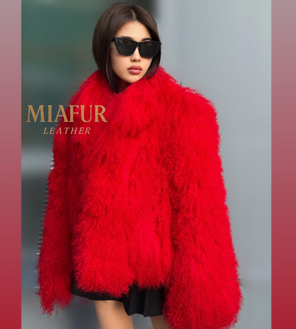 Women’s Red Tibetan Fur Coat, Handmade Shaggy Mongolian Lamb Fur Jacket