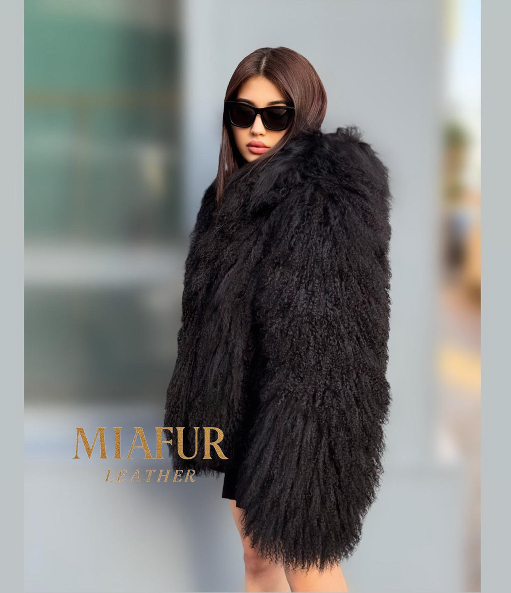 Black Hooded Tibetan Fur Coat, Women’s Handmade Shaggy Mongolian Lamb Fur Jacket