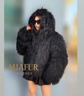 Black Hooded Tibetan Fur Coat, Women’s Handmade Shaggy Mongolian Lamb Fur Jacket