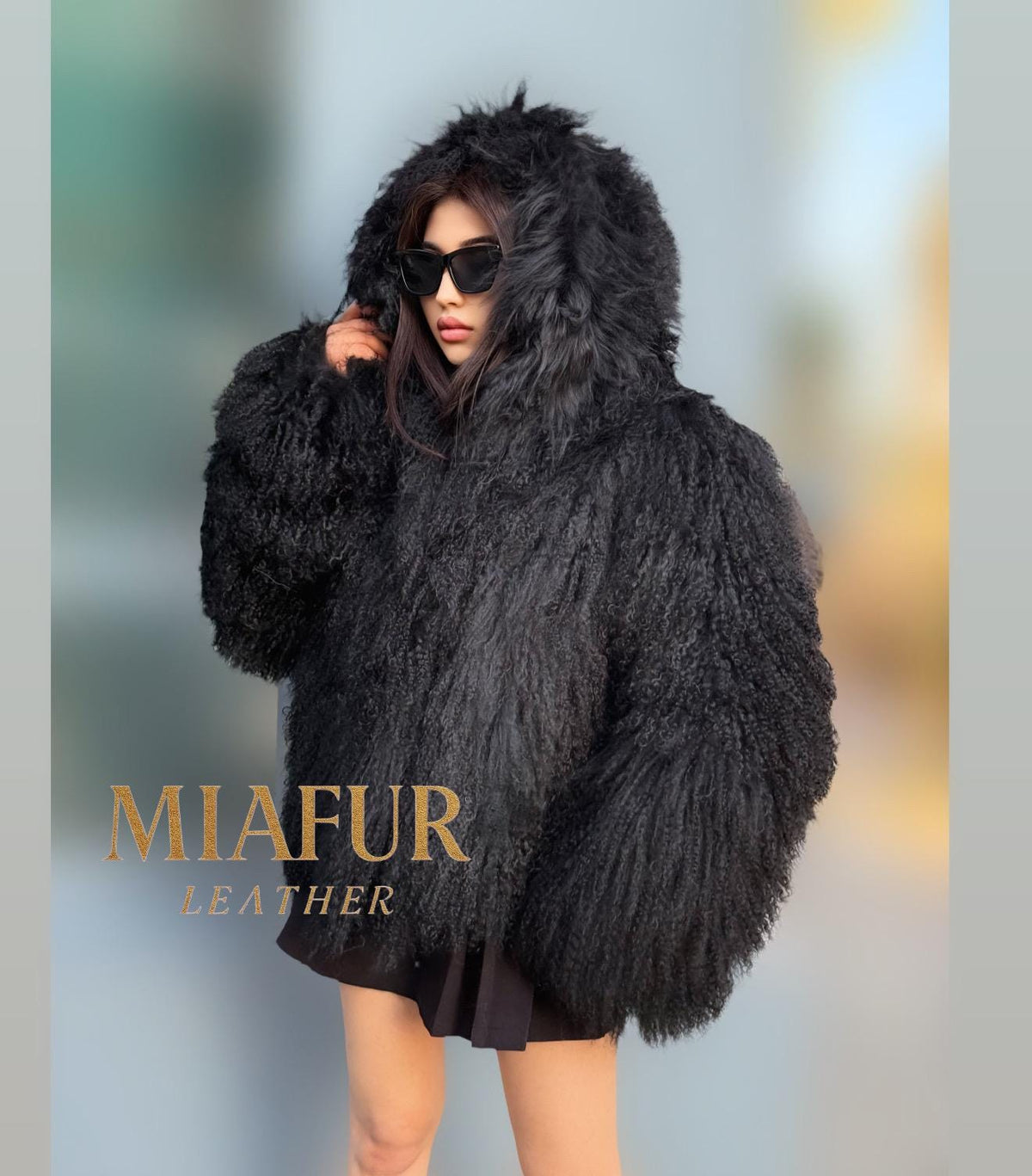 Black Hooded Tibetan Fur Coat, Women’s Handmade Shaggy Mongolian Lamb Fur Jacket