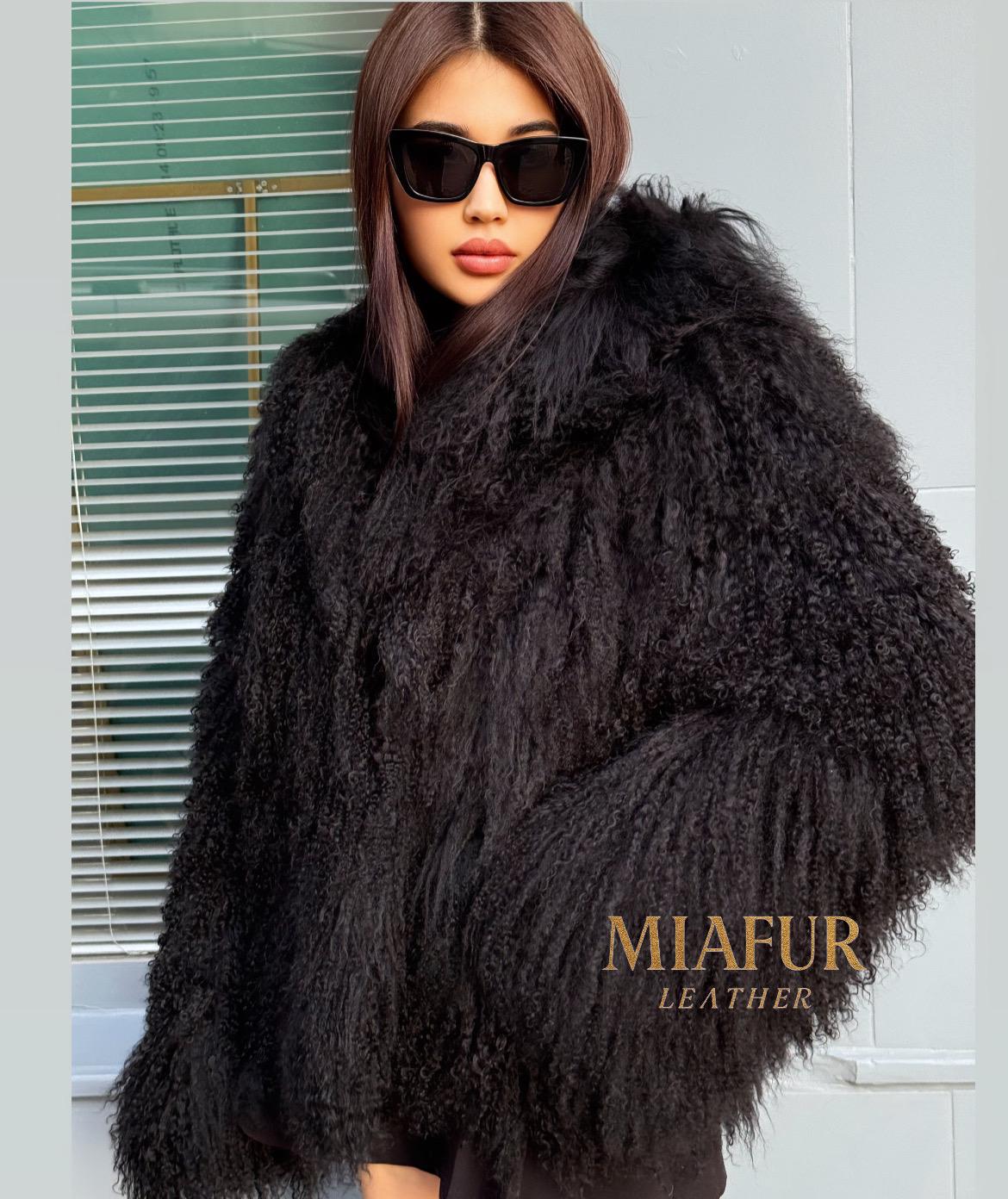Black Hooded Tibetan Fur Coat, Women’s Handmade Shaggy Mongolian Lamb Fur Jacket