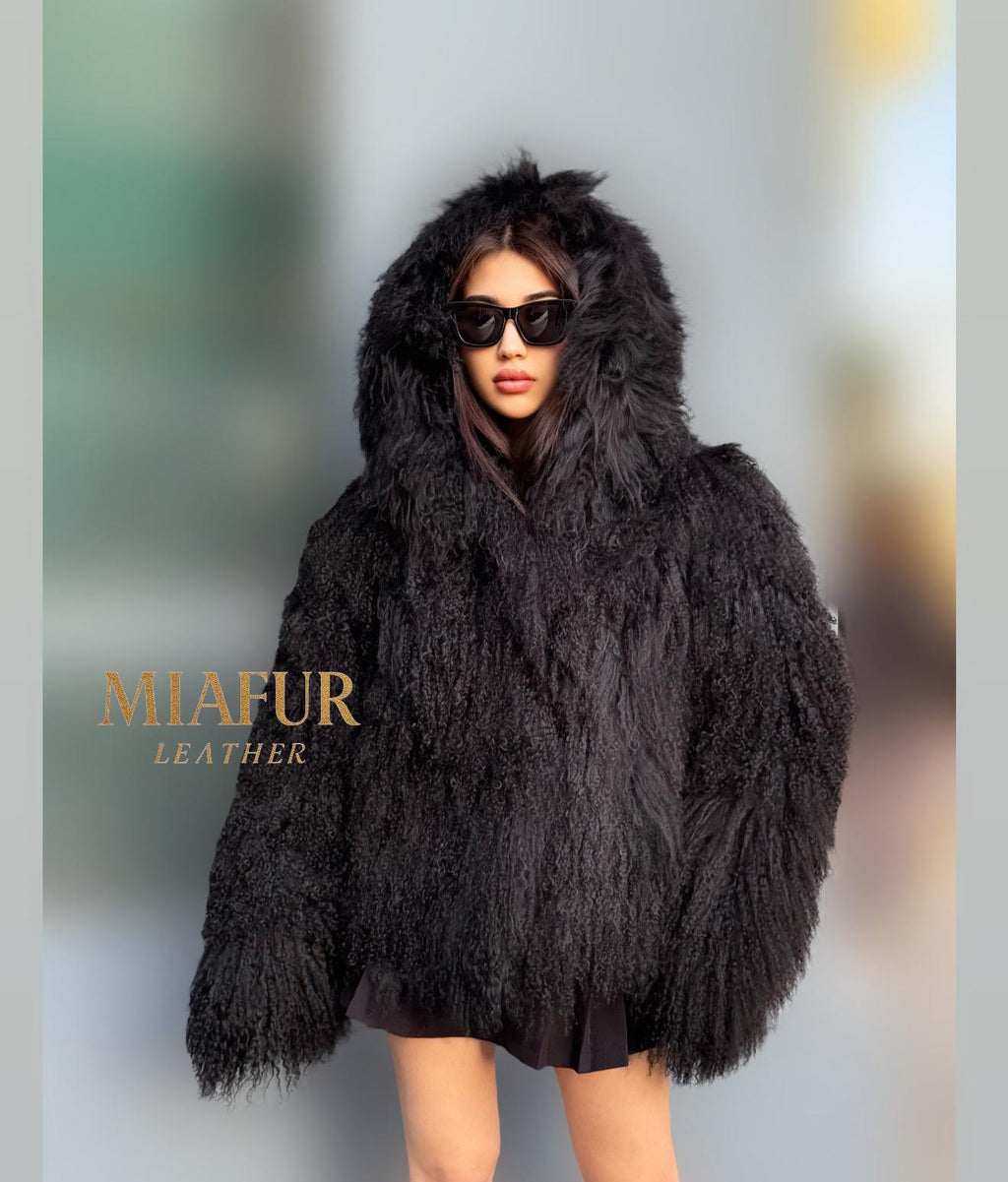 Black Hooded Tibetan Fur Coat, Women’s Handmade Shaggy Mongolian Lamb Fur Jacket