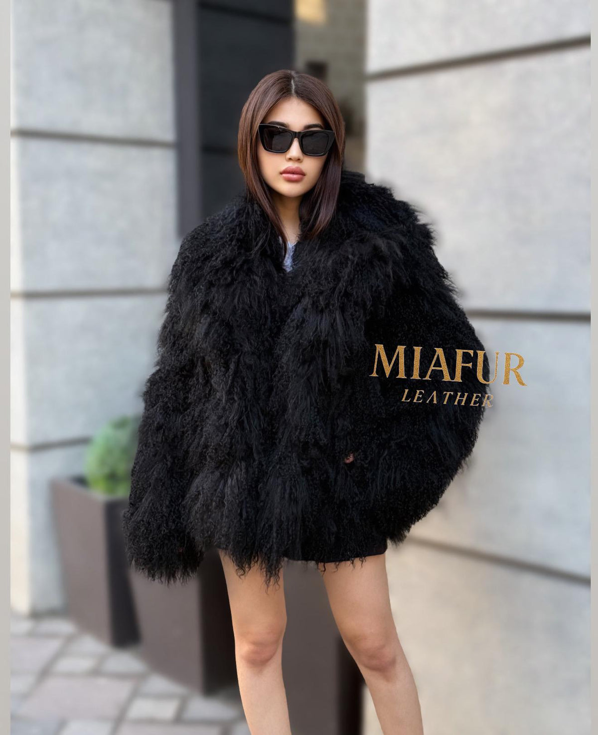 Black Tibetan Fur Coat, Handmade Women Shaggy Mongolian Lamb Fur Jacket