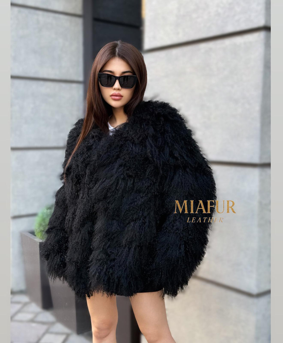 Black Tibetan Fur Coat, Handmade Women Shaggy Mongolian Lamb Fur Jacket